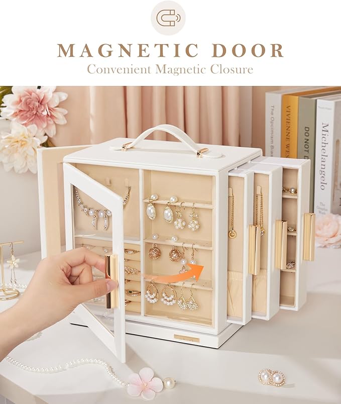 Homde Jewelry Box 360° Rotating, Necklace Earring Organizer with Transparent Window, Mirror, 7 Drawers, Large Ring Display St
