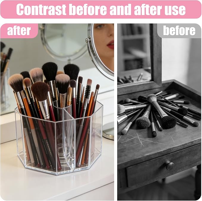 Acrylic Makeup Brush Holder, 360°Rotating Makeup Brush Organizer with 5 Grids, Clear Makeup Holder for Courtup, Bathroom Vani