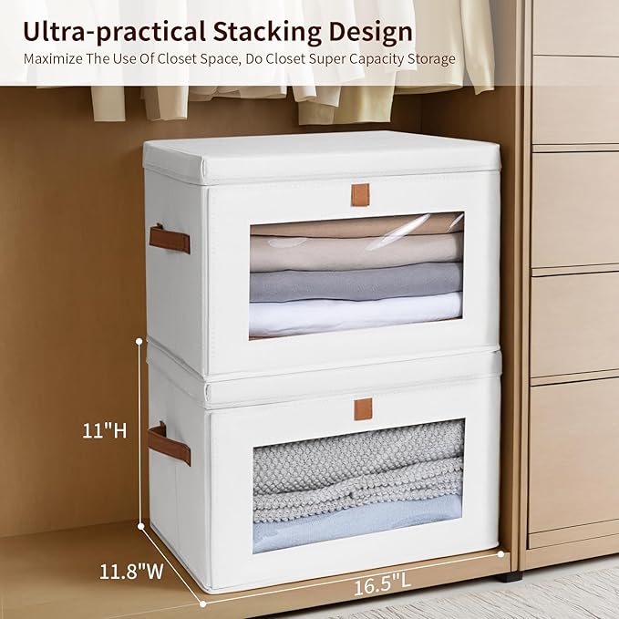 Homsorout Large Clothing Storage Bins - Collapsible Boxes with Handles & Window, Decorative Organizer Bins with Lids, Fabric 