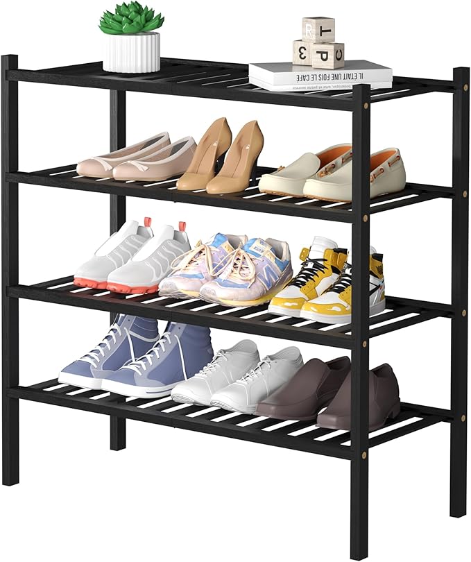 ROMGUAR CRAFT 4 Tier Bamboo Shoe Rack for Closet Free Standing Wood Shoe Shelf for Entryway Small Space Stackable 27"x11"x26"