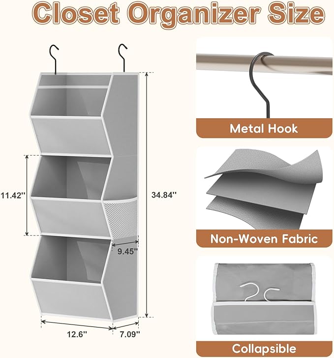 Hanging Closet Organizer 3 Shelf Collapsible Bedroom Closet Organizers and Storage Hanging with Mesh Pockets for Clothes, Fab