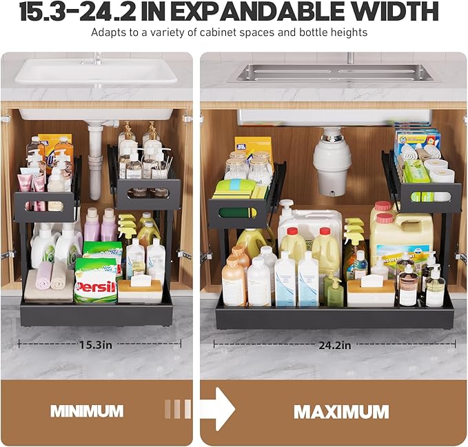 1 Pack Expandable Under Sink Organizers And Storage With Upgrade Ball-Bearing Slide Tracks,2-Tier Pull Out Under Cabinet Orga