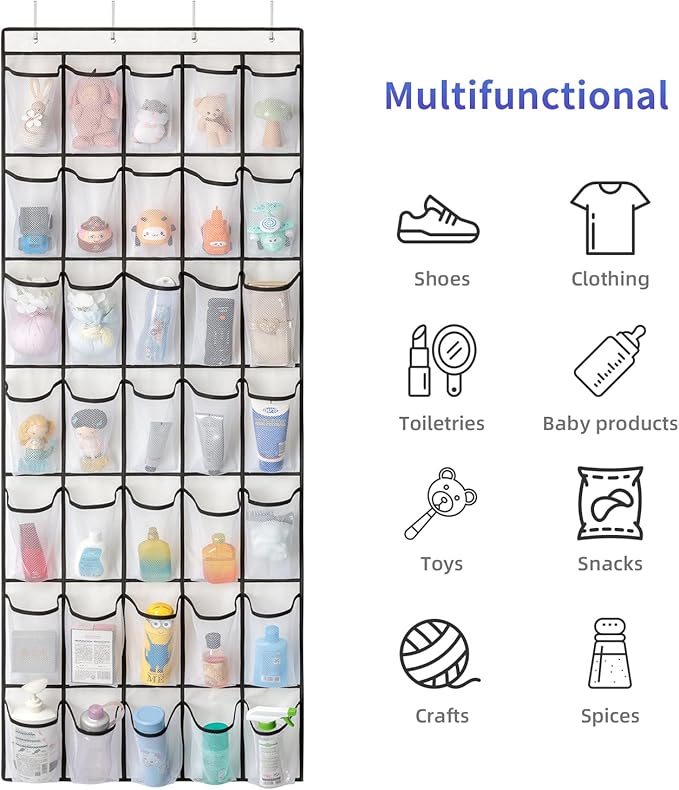 SAVERHO 35 Pockets Over the Door Shoe Organizer, Hanging Shoe Organizer for Door with 35 Mesh Pockets Large Capacity Shoe Han