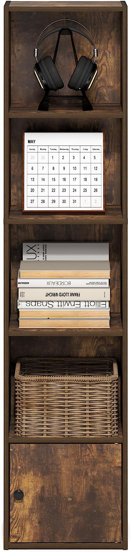 Furinno LUDER Book Shelf, 5-Tier Bookshelf with Open Shelf, Standing Bookcase with 1 Door Cabinet, 9.3 x 12 x 52, for Organiz
