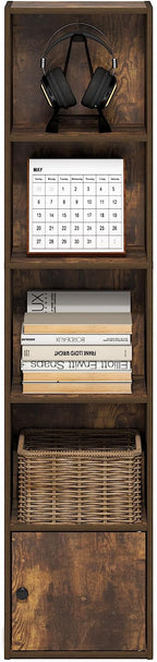 Furinno LUDER Book Shelf, 5-Tier Bookshelf with Open Shelf, Standing Bookcase with 1 Door Cabinet, 9.3 x 12 x 52, for Organiz