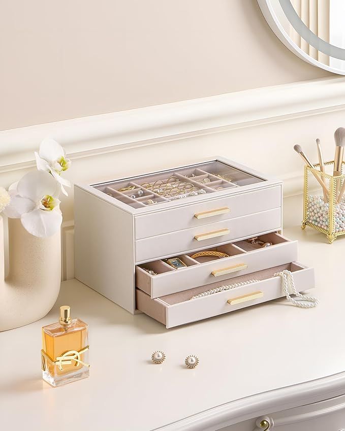 Lolalet Jewelry Box Organizer, 4-Layer Jewelry Organizers and Storage Case with Glass Lid, Ring Earring Bracelet Necklace Hol