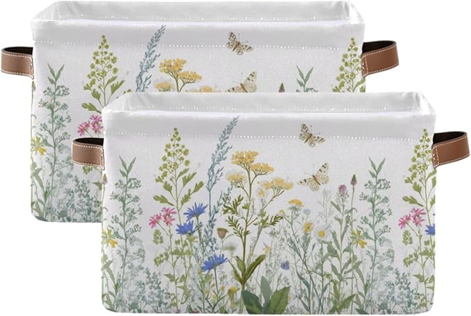xigua Vintage Colorful Herbs Wild Flowers Floral Storage Basket Collapsible Toy Storage Bins Waterproof Canvas Storage Basket