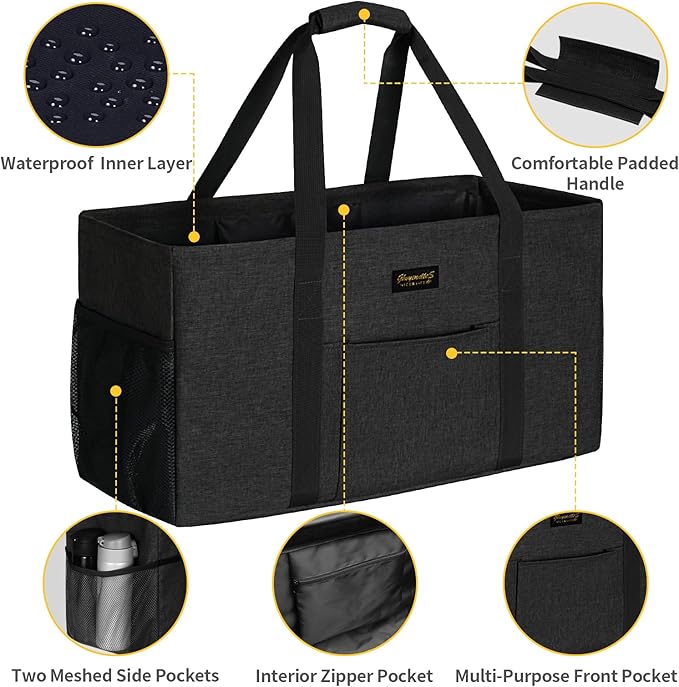 GhvyenntteS Extra Large Utility Tote Bag, Stand Up Utility Tote with Metal Wire Frame & Hard Bottom Board, Reusable Grocery Bags With Handles, Extra Large Beach Bag, Collapsible Car Tote