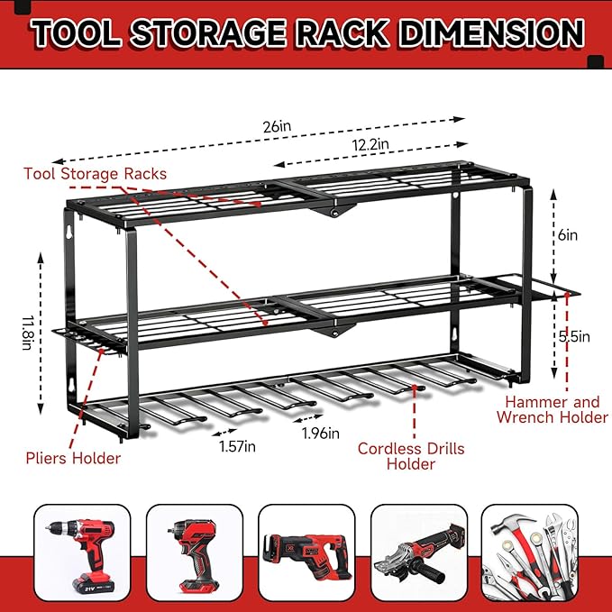 Power Tool Organizer Wall Mount, 150Lbs 3 Layer Metal Tool Storage Rack with 7 Cordless Drill Holder Heavy Duty, Battery Dril