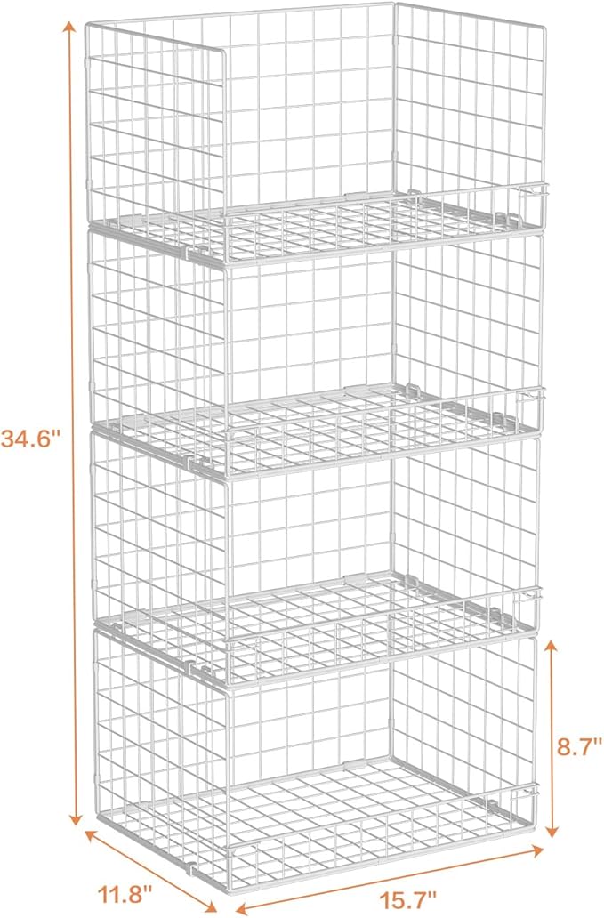 4-Tier Stackable Closet Organizers and Storage Basket, Foldable Closet Shelf Organizer System, Space-Saving Clothes Storage D