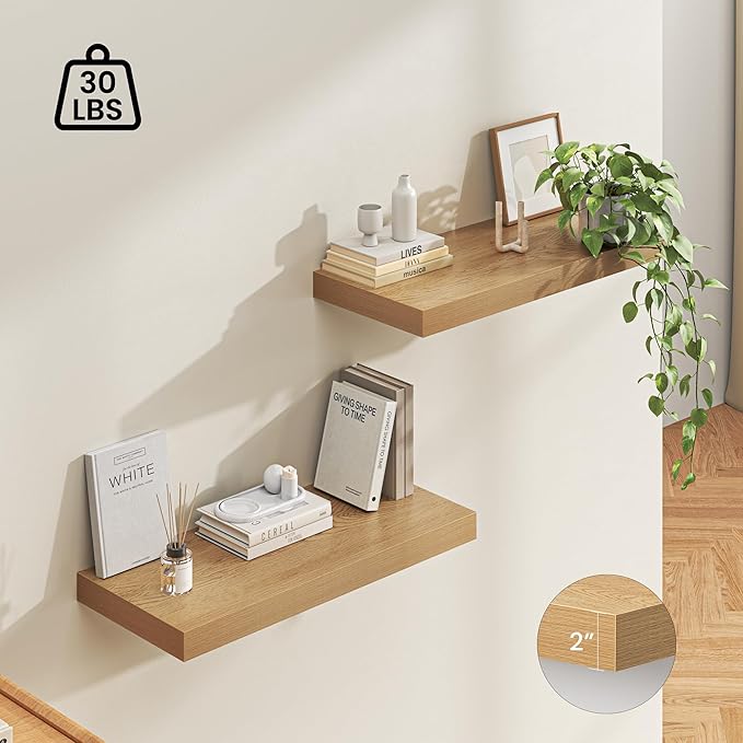 Dreamland 32" Floating Shelves for Wall, 12" Deep Thicker Oak Floating Shelves, Wall-Mounted Shelves for Bedroom, Living Room