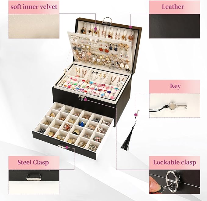 BOOVO Earring Jewelry Box For Women Girl Stud Organizer, 5 Layers Girl Jewelry Organizer Box With Lock Earring Holder Organiz