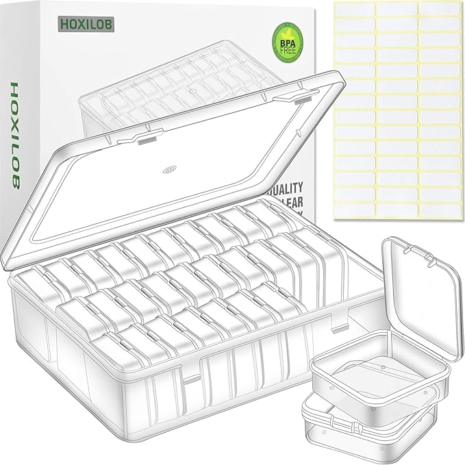 Bead Organizer Box, 30pcs Small Clear Plastic Storage Containers, Craft Storage Box Features Hinged Lid and Labels, Mini Boxe