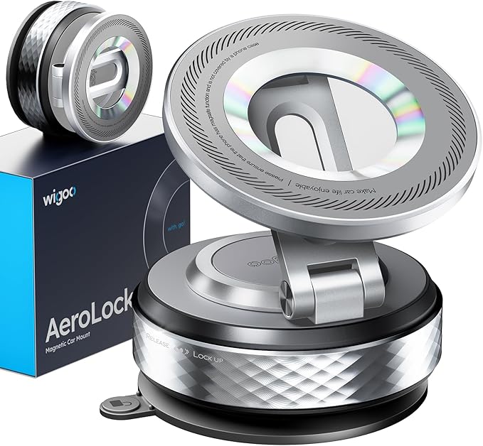 Wigoo Vacuum Magnetic Phone Holder for Car for Magsafe [80LBS Suction & 3000gf Magnetic] 360° Adjustable Car Phone Mount, for iPhone 17 Pro Max 16 15 14 13 12 Air Plus, Silver