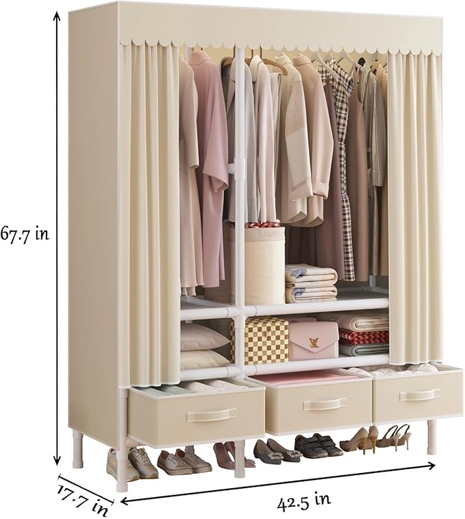 Portable Closet,Garment Rack,Heavy Duty Clothes Rack with Cover,Wardrobe Closet with 1 Hanging Rods, 2 Storage Shelves and 3 