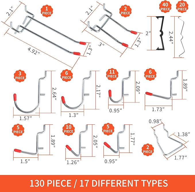 130PCS Pegboard Hooks Assortment - Peg board Hooks for Hanging Tools with Pegboard Bins & Cups,1/8-Inch Pegboard Wall Organiz