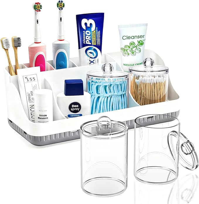 Bathroom Counter Organizer and Storage with 2 Pack Qtip Holder Dispenser, 7 Slots Detachable Toothbrush Holders for Bathrooms