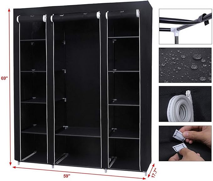 lapday 59 inches Portable Closet Wardrobe, Non-Woven Fabric Closet Storage Organizer with Hanging Rods &12 Storage Shelves, Q