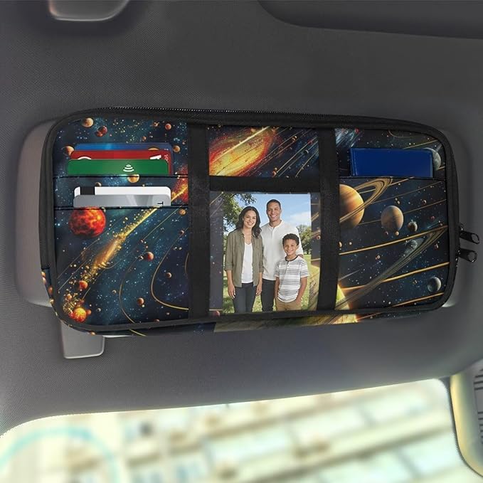 Cosmic Galaxy Car Sun Visor Organizer Vehicle Document Holder Organizer Zipper Car Truck Visor Storage Pouch Holder with Multi-Pocket Elastic Bands Auto Interior Accessories