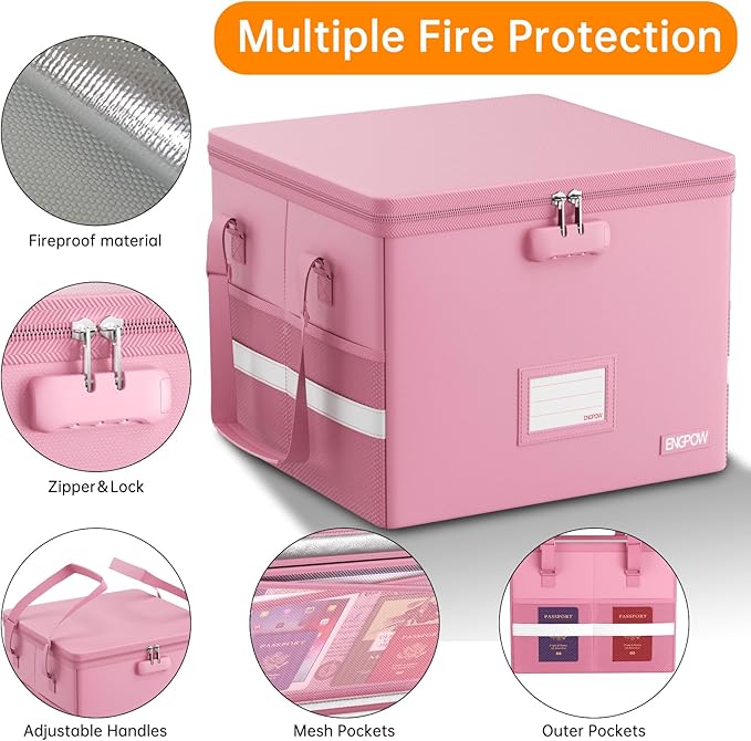 ENGPOW 5200°F File Box Fireproof Document Box with Lock,Heat Insulated Collapsible File Storage Organizer Box with Handle,Por
