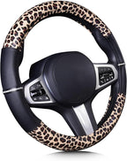 AUTOYOUTH Leopard Steering Wheel Cover - Bling Crystal Rhinestones Cheetah Print on Leather Non-Slip Breathable Design for Wo