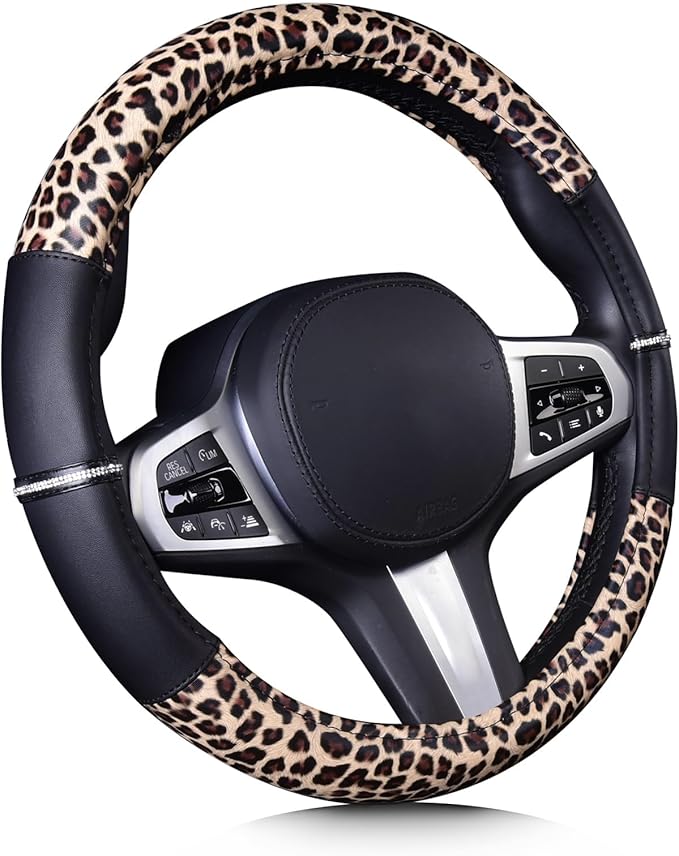 AUTOYOUTH Leopard Steering Wheel Cover - Bling Crystal Rhinestones Cheetah Print on Leather Non-Slip Breathable Design for Wo