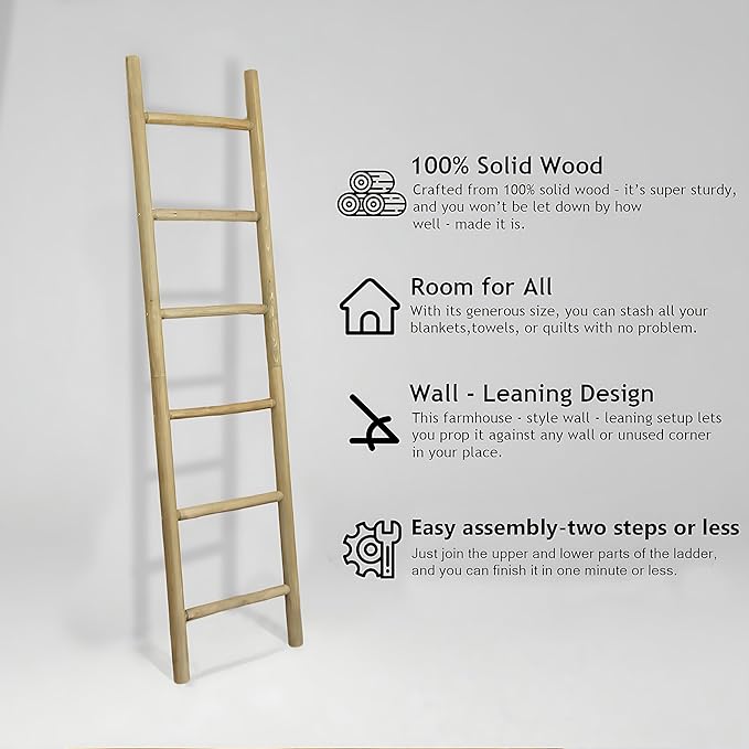 Wooden Blanket Ladder - 76in Natural & Motley Wood - Leaning Wall Decor for Bedroom, Bathroom, Living Room - Rustic Quilt Hol
