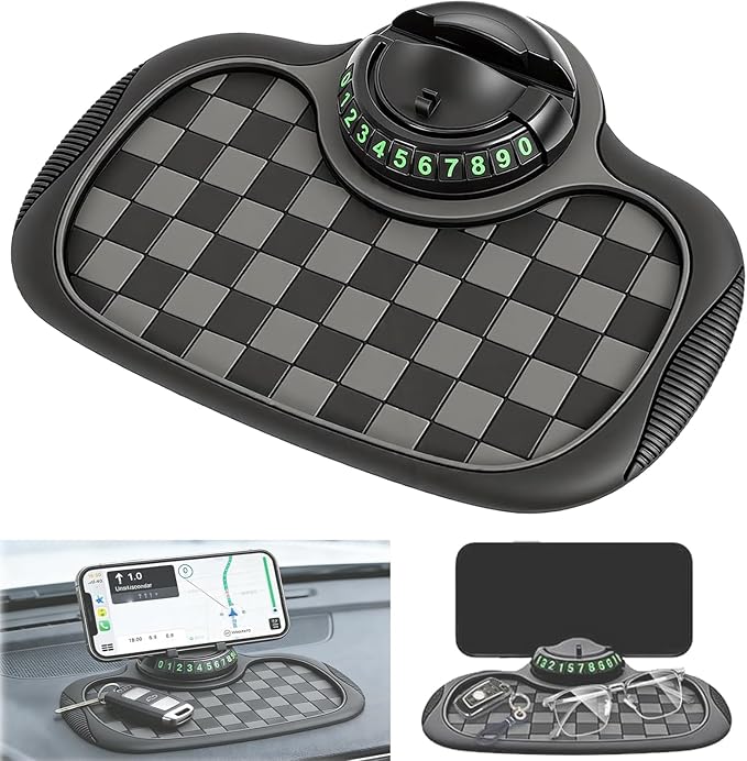 Multifunction Car Anti Slip Mat,Multi-Functional Support Anti-Slip Pad,360° Rotatable Phone Holder Car Dashboard Mat with Tem