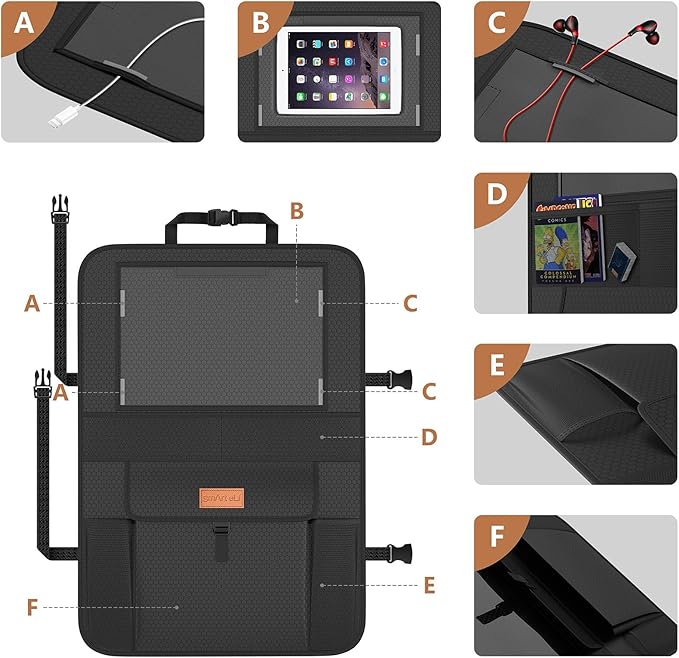 SMART ELF Non-Slip Backing Backseat Car Organizer Kick Mat with Storage Pockets, Large Waterproof Baby Car Seat Protector for Leather and Fabric (Black)