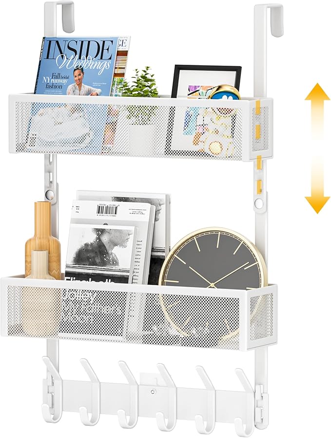 LUCYCAZ Adjustable Over The Door Hooks Organizer, Hanger Storage with 10 Coat Hooks & 2 Mesh Basket, Over The Door Towel Rack