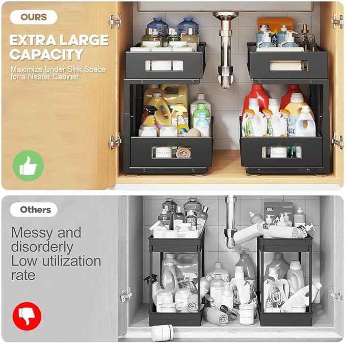 Under Sink Organizer, 2-Tier Dual Pull Out Cabinet Organizer Drawers With Smooth Circular Rail, Large Capacity Metal Mesh Sli