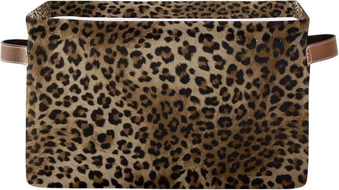 Leopard Print Vintage Storage Basket Collapsible Cloth Storage Cube Basket Bins Organizer with Handles Rectangular Large Toys