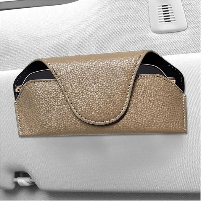 Sunglass Holder for Car Visor, Magnetic Auto Sun Visor Eyeglass Organizer with Dual Back Clips, Leather Glasses Protective Storage Case Universal for Most Vehicles Visors (Brown)