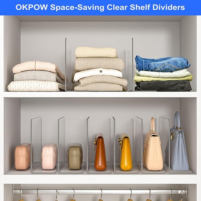 OKPOW Shelf Dividers Closet Organizer - 7.5" Tall X 11.8" Deep Acrylic Clear Sturdy Separate for Clothes Purse - Adjustable S