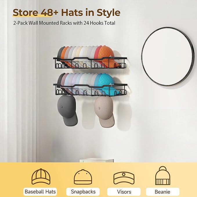 Nicetree Hat Rack for Wall - 2 Pack Metal Hat Organizer for Baseball Caps - Heavy Duty Wall Mounted Baseball Cap Organizer an