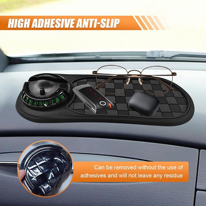 Multifunction Car Anti-Slip Mat, Universal Rotatable Auto Dashboard Phone Holder Accessory with Temporary Parking Number, Car