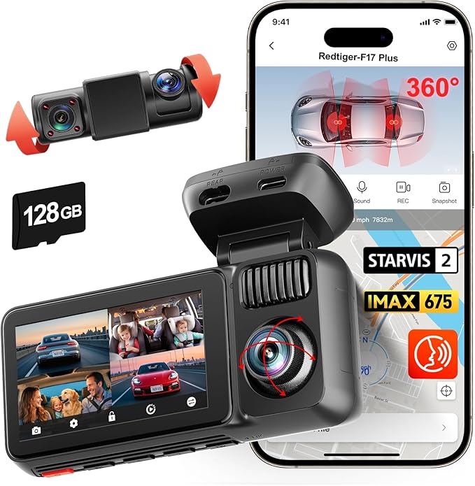 REDTIGER F17 Plus 4 Channel Dash Cam,STARVIS 2 IMX675, 360° Inside & Outside Recording, 2.7K Front + 1080P Cabin & Rear, 5.8G