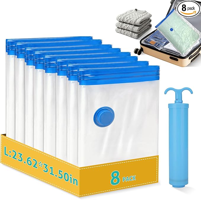 8 Pack Large Travel Vacuum Storage Bags, Portable Vacuum Seal Bags for Clothing Travel with Pump, Space Saver Bag for Luggage