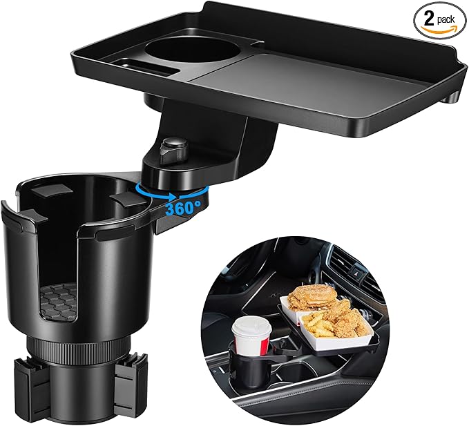 This Hill 2 Pack Cup Holder Tray for Car, 2 in 1 Detachable Car Food Table Tray with 3.93" Base & Phone Slot,Car Cup Holder E