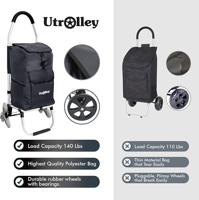 Ultra-Lightweight Foldable Stair-Climbing Shopping Cart for Groceries - 42L Capacity, Six Wheels, Removable Insulated Bag, Durable Aluminum Frame,Multi-Function Personal Hand Truck, Black