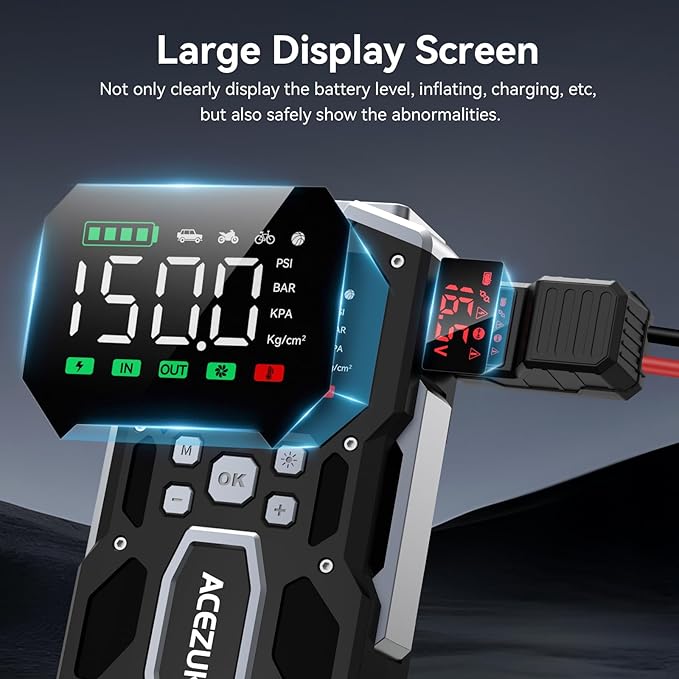 Portable Car Jump Starter with Air Compressor, ACEZUK 150PSI 8000A Jump Starter (All Gas/10.0L Diesel), 12V Battery Jump Box