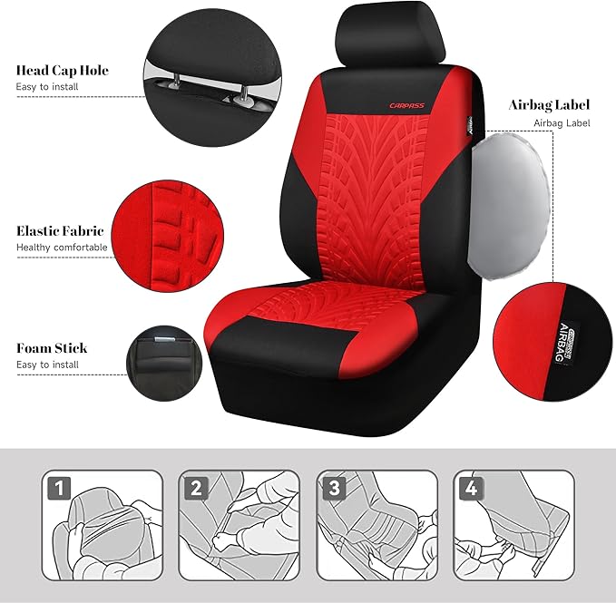 CAR PASS Car Seat Covers Two Front Only for Car, 3D Tyre Print Automotive Interior Covers, Airbag Compatible, Quick Setup Uni