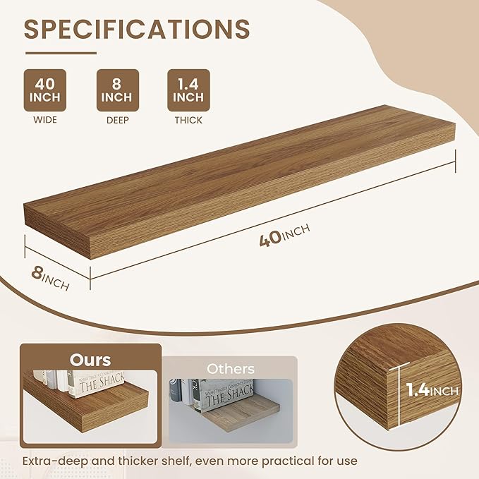 Dreamland Deep Floating Shelves, 8" Deep Long Shelves Set of 2, 40 Inches Floating Shelf for Wall,Large Display & Storage She