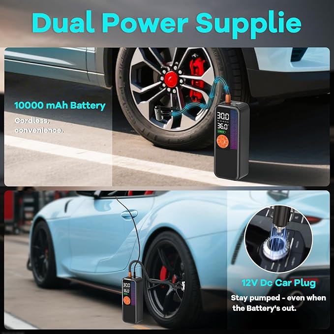 Tire Inflator Portable Air Compressor,150 PSI Cordless Air Pump, 12V DC Car Plug,Dual Power 10000mAh, Fast Inflation 24L/Min, 4 Preset Modes for Car, Bike, Motorcycle, Balls(Orange, 10000mAh)