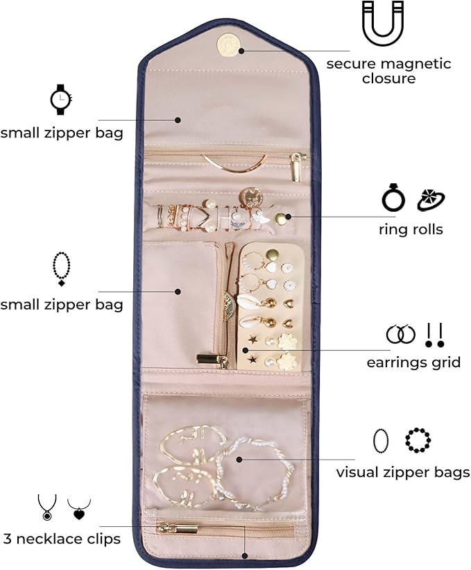 BAGSMART Travel Jewelry Organizer Case Foldable Jewelry Roll for Journey Rings, Necklaces, Earrings, Bracelets,Mini,Smokey Bl