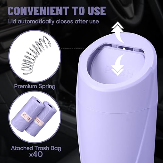 Car Trash Can Bin with Lid-2 Packs Car Garbage Can Cup Holder-Light Purple Mini Leakproof Vehicle Garbage Bin with 40pcs Trash Bags-Automotive Organizers and Storage for Front Back Seat Accessories