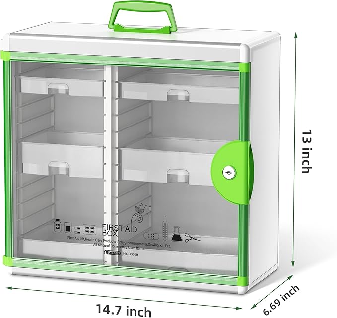 Glosen Medicine Cabinet with Key Wall Mounted Medication Lock Box 【 Green 15x 6.7 x 13 Inch】 Portable Storage Container Big C