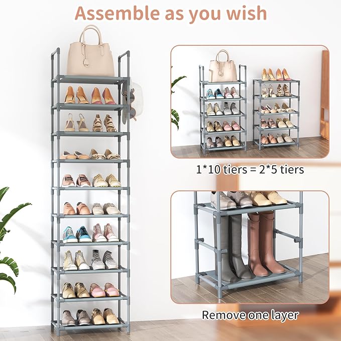LANTEFUL 10 Tiers Tall Shoe Rack 20-25 Pairs Boots Organizer Storage Sturdy Narrow Shoe Shelf for Entryway, Closets with Hook