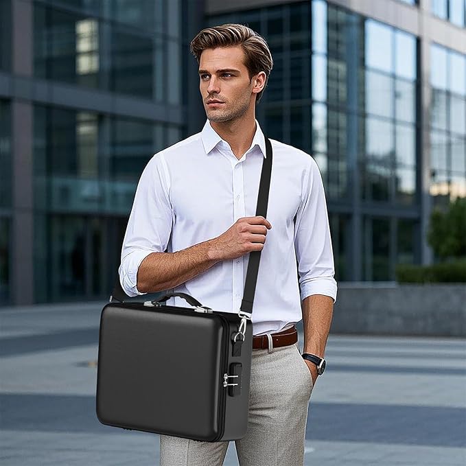 Fireproof Document Box with Lock＆Shoulder Strap, Hard-Shell Case File Organizer with Accordion File Folder, Multi-Layer Porta