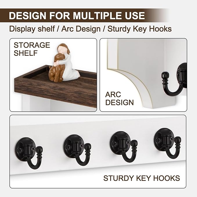 Key and Mail Holder Wall Mount, Key Holder with Shelf and Mail Organizer Wall Mount. Mail Holder with 5 Hooks for Coat, Dog L